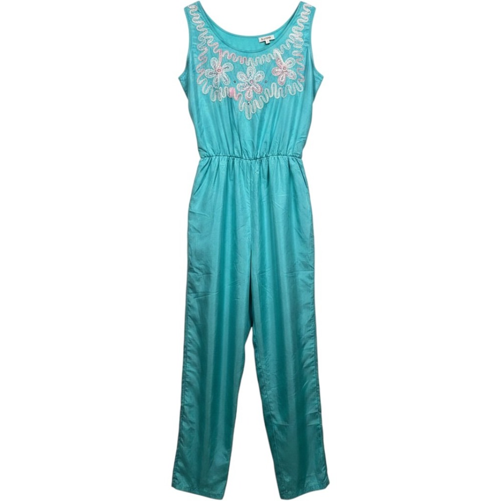 Donna Toran Jumpsuit Womens XL Teal Vintage Soutache Floral Pearl Elastic Waist